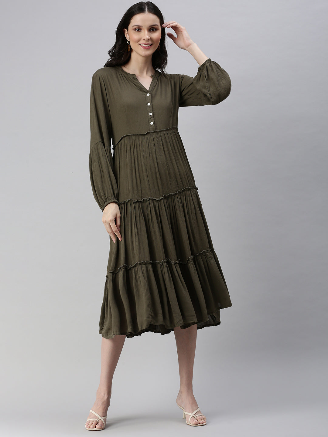 Women Olive Solid Fit and Flare Dress