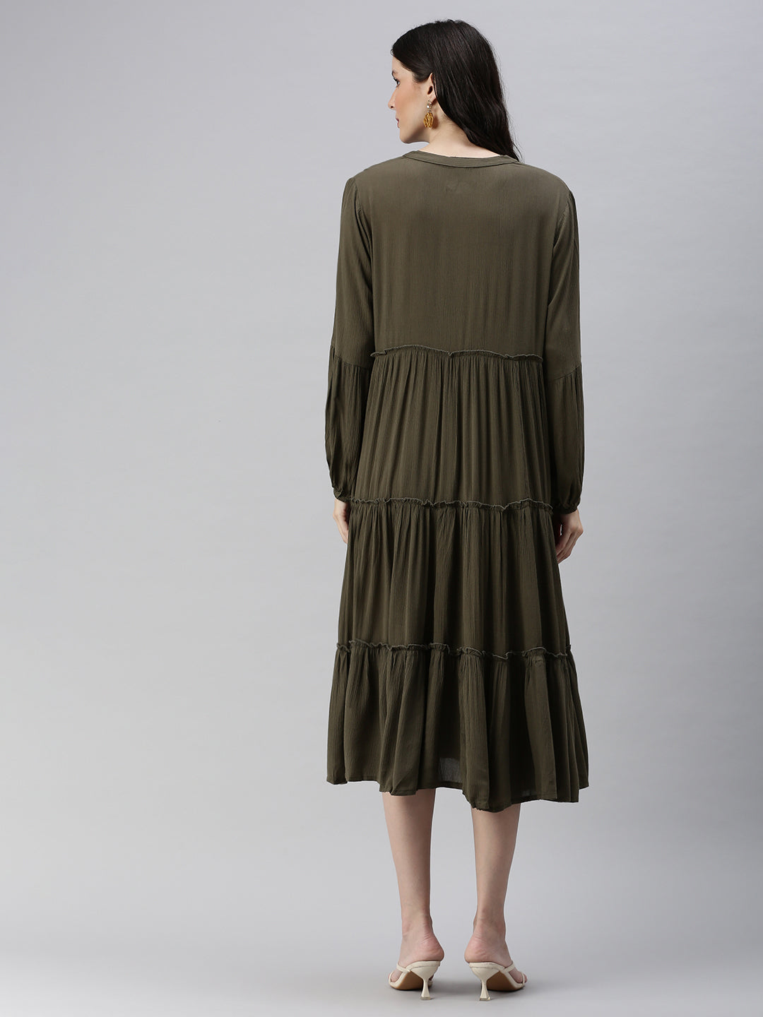 Women Olive Solid Fit and Flare Dress