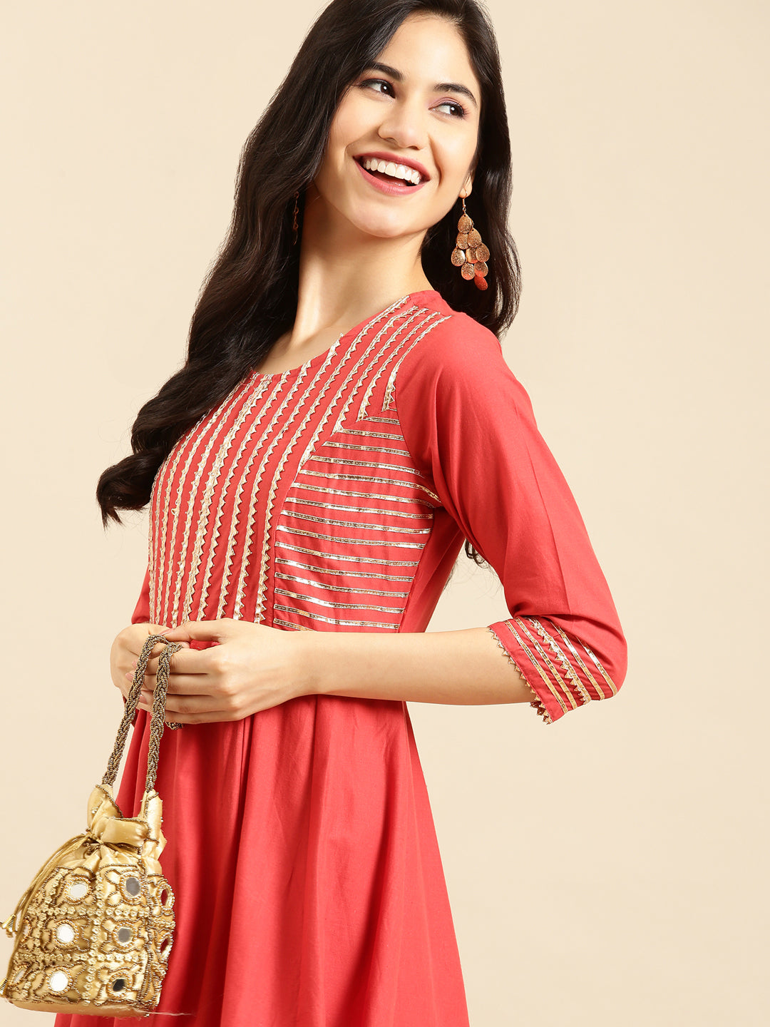 Women's Red Embroidered A-Line Kurta