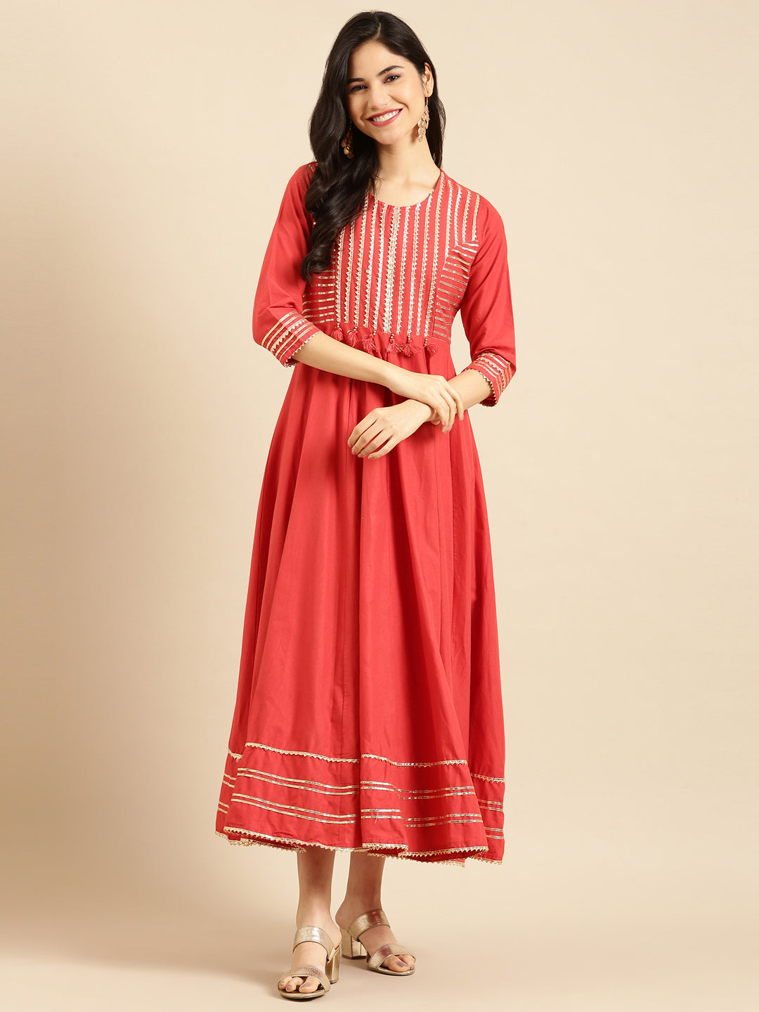 Women's Red Embroidered A-Line Kurta