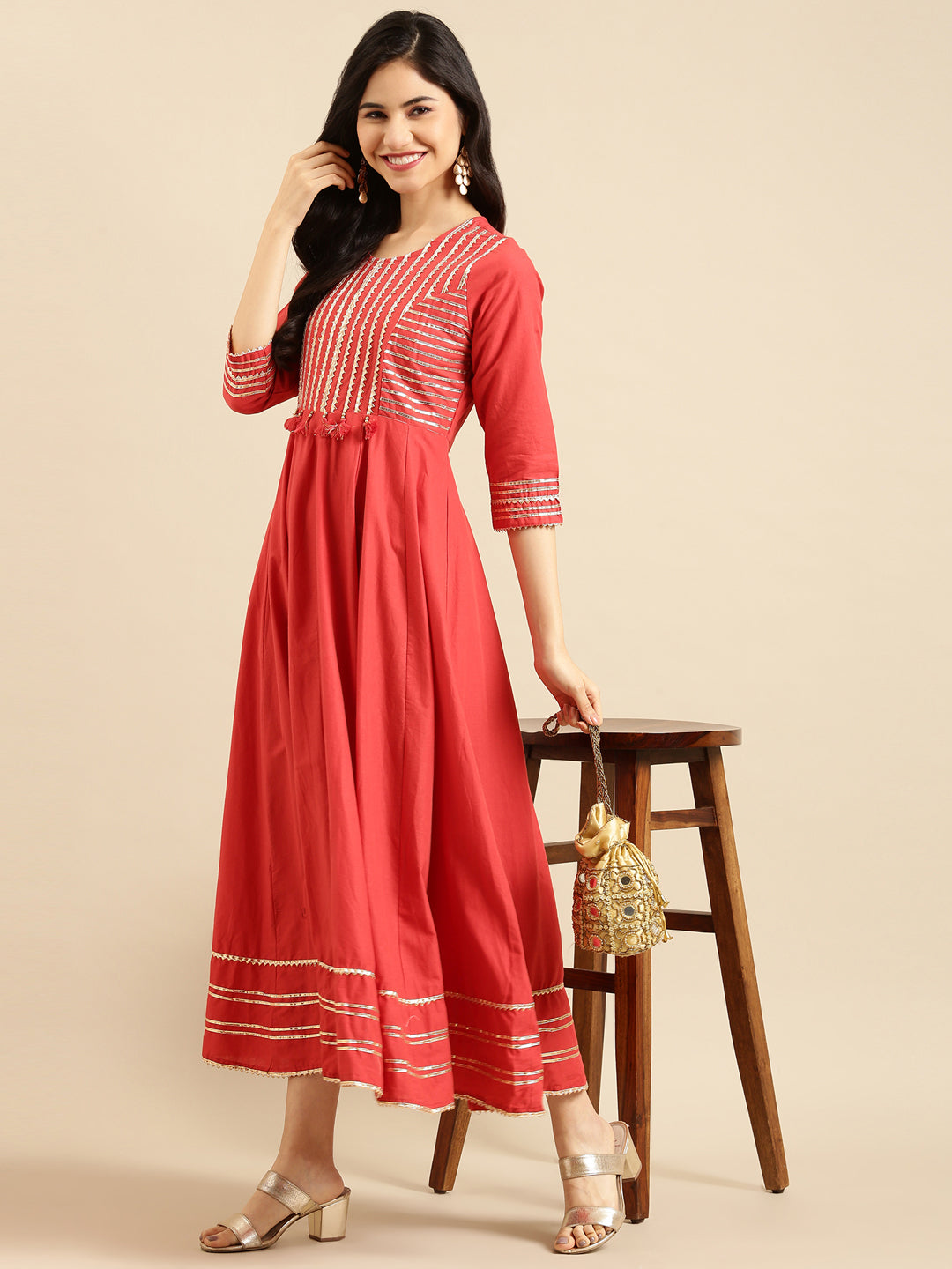 Women's Red Embroidered A-Line Kurta