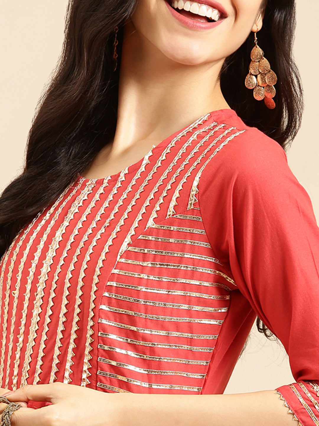 Women's Red Embroidered A-Line Kurta