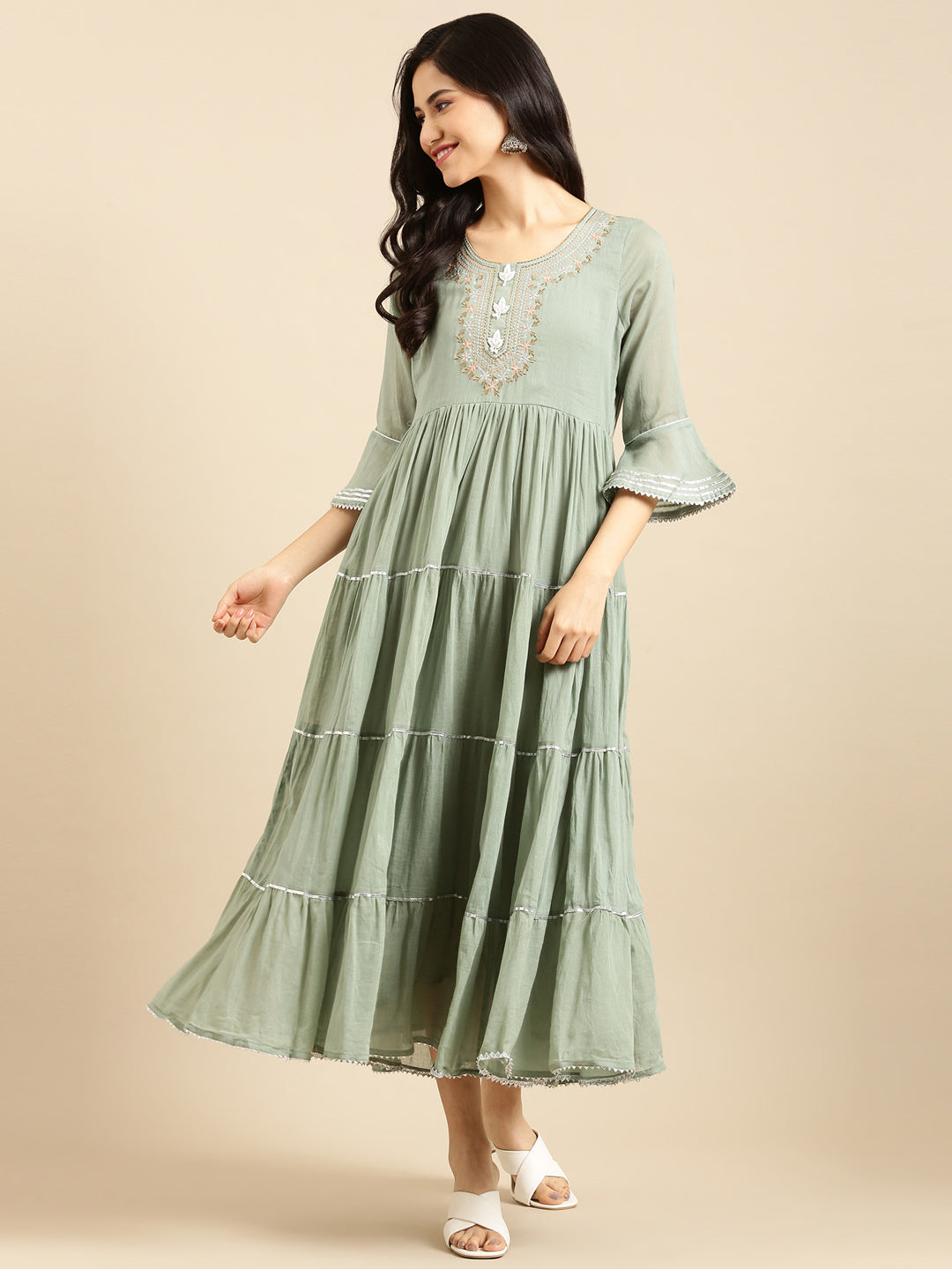 Women's Green Embroidered A-Line Kurta