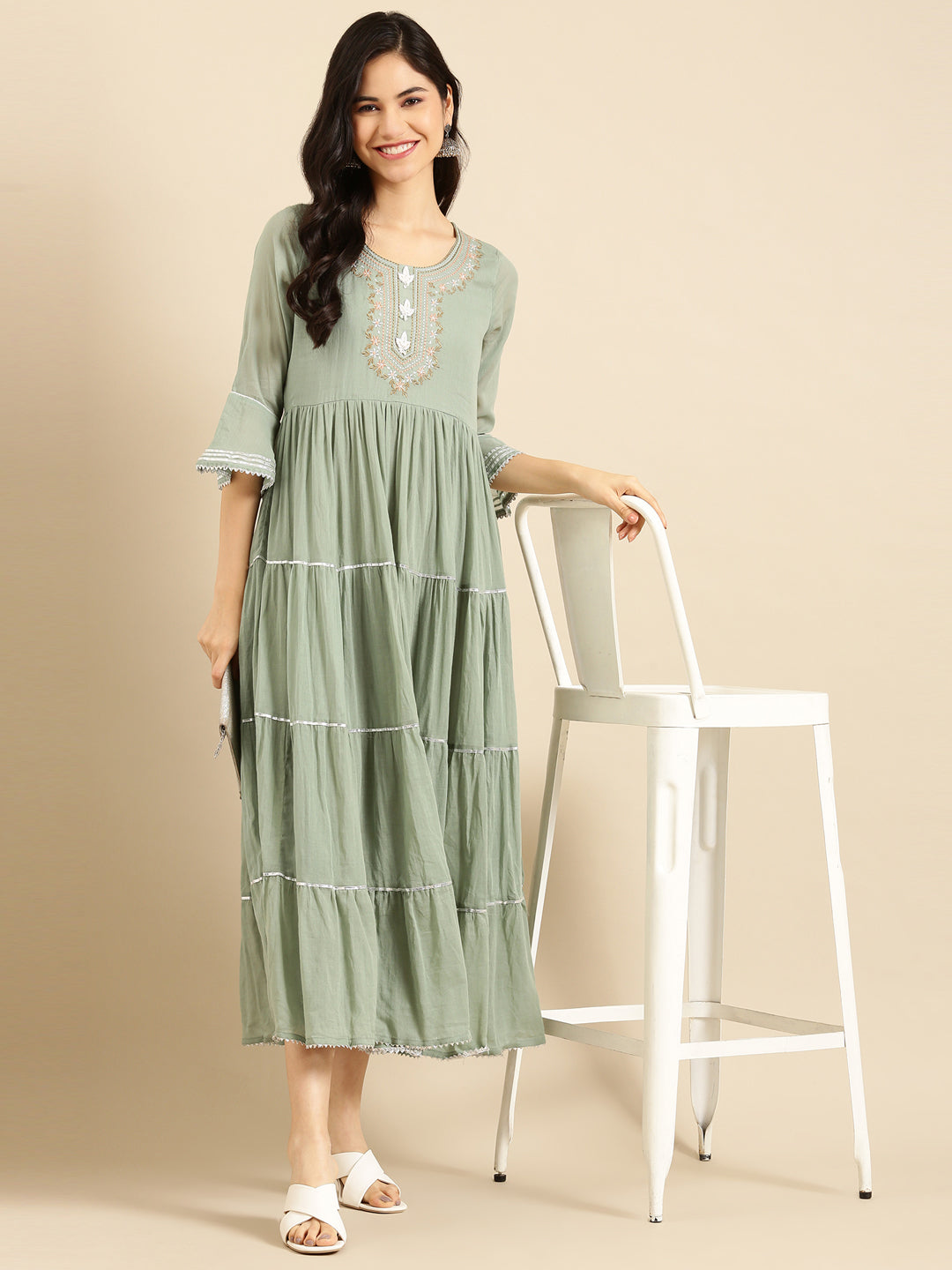 Women's Green Embroidered A-Line Kurta