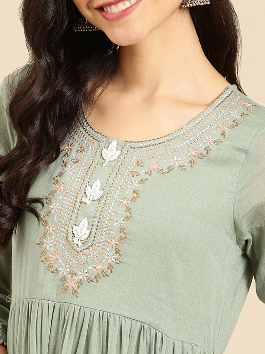 Women's Green Embroidered A-Line Kurta