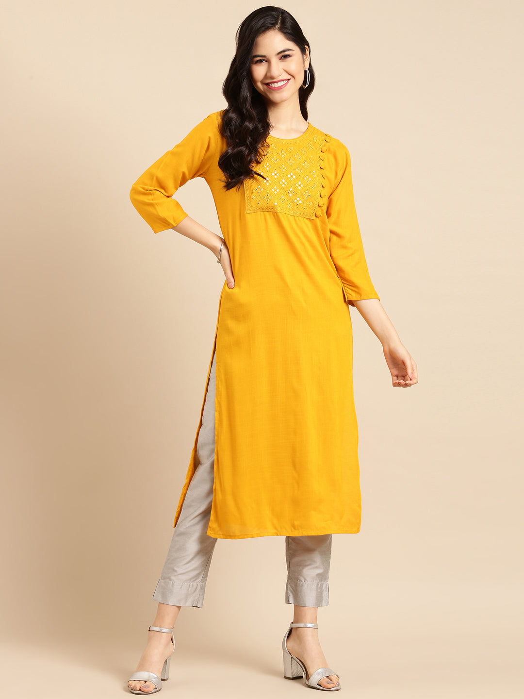 Women's Yellow Solid Straight Kurta