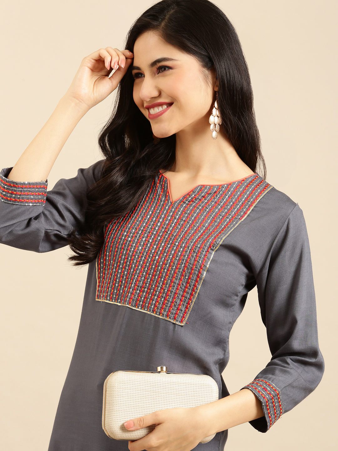 Women's Grey Solid Straight Kurta