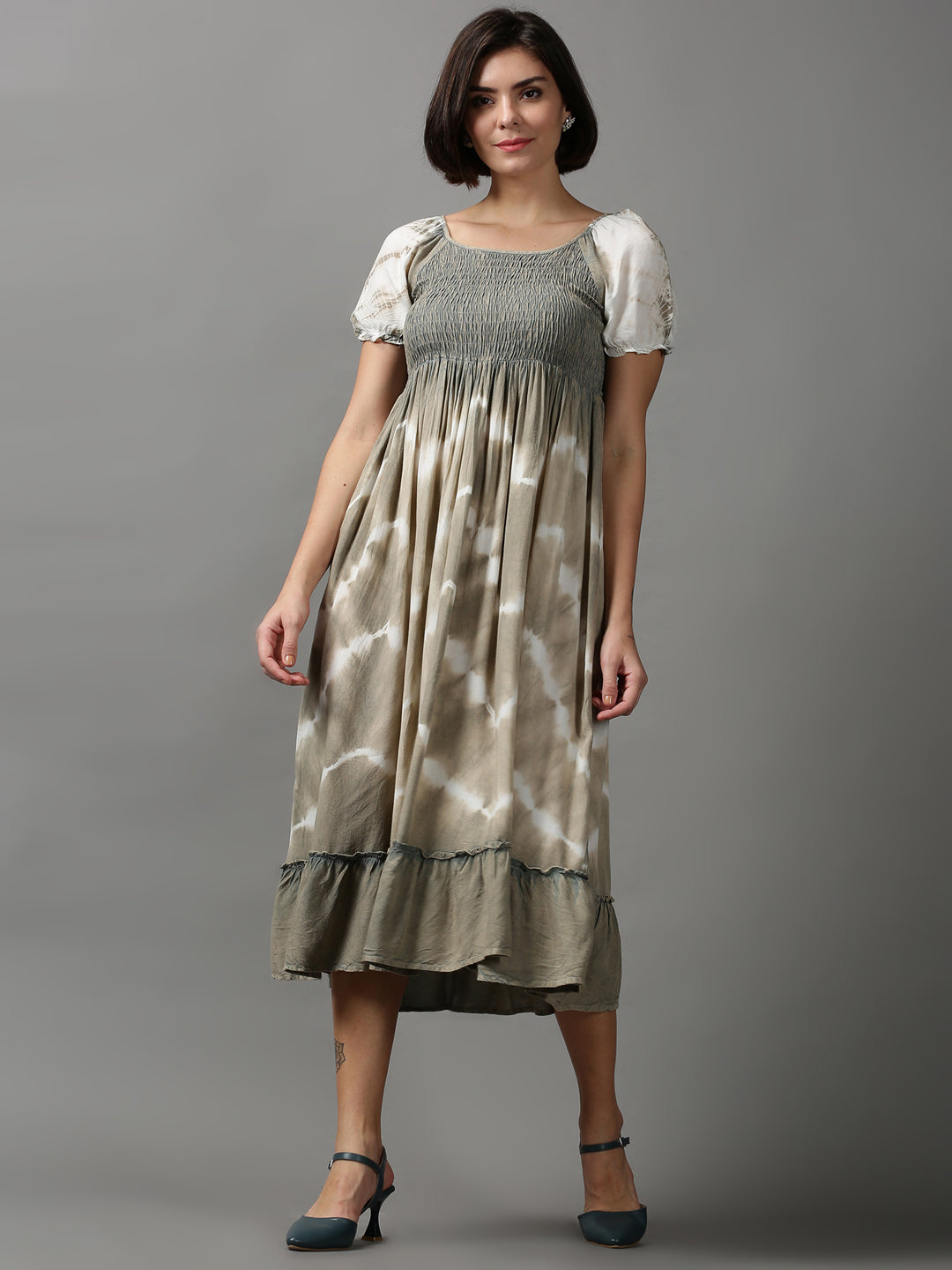 Women's Beige Tie Dye Fit and Flare Dress