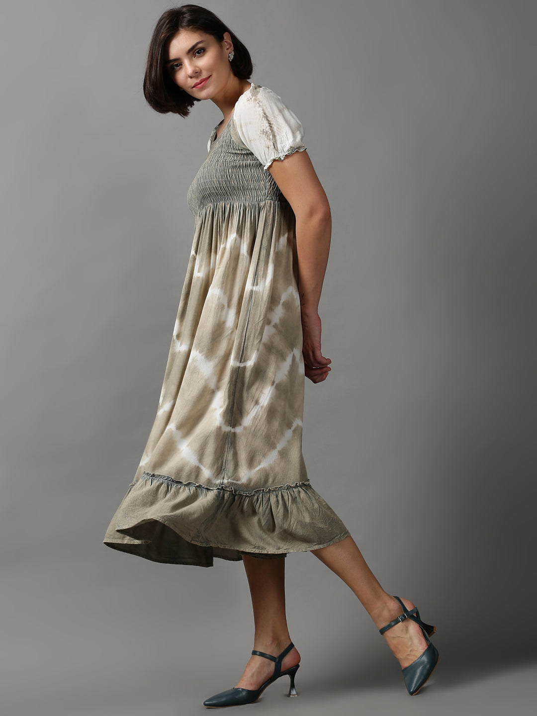 Women's Beige Tie Dye Fit and Flare Dress