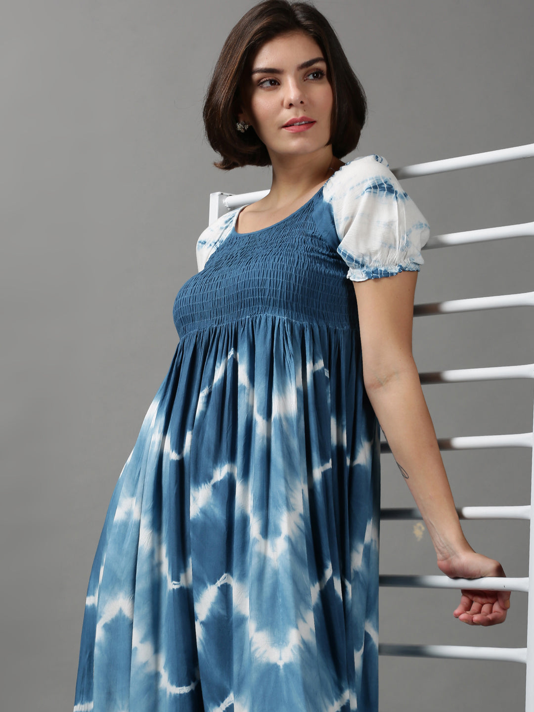 Women's Blue Tie & Dye Smocked Cotton Dress