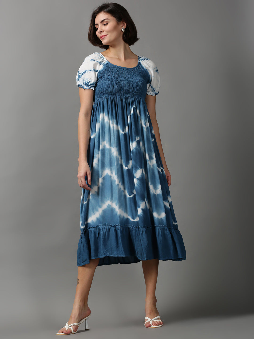 Women's Blue Tie & Dye Smocked Cotton Dress