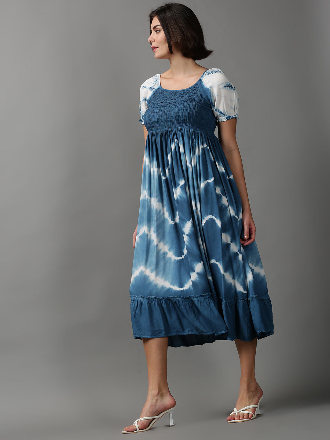 Women's Blue Tie & Dye Smocked Cotton Dress