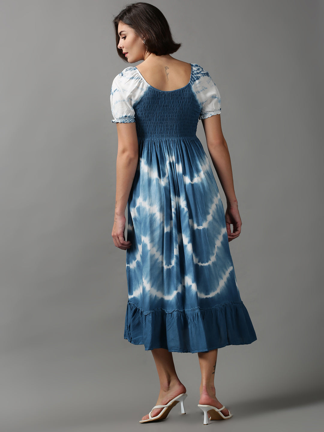 Women's Blue Tie & Dye Smocked Cotton Dress