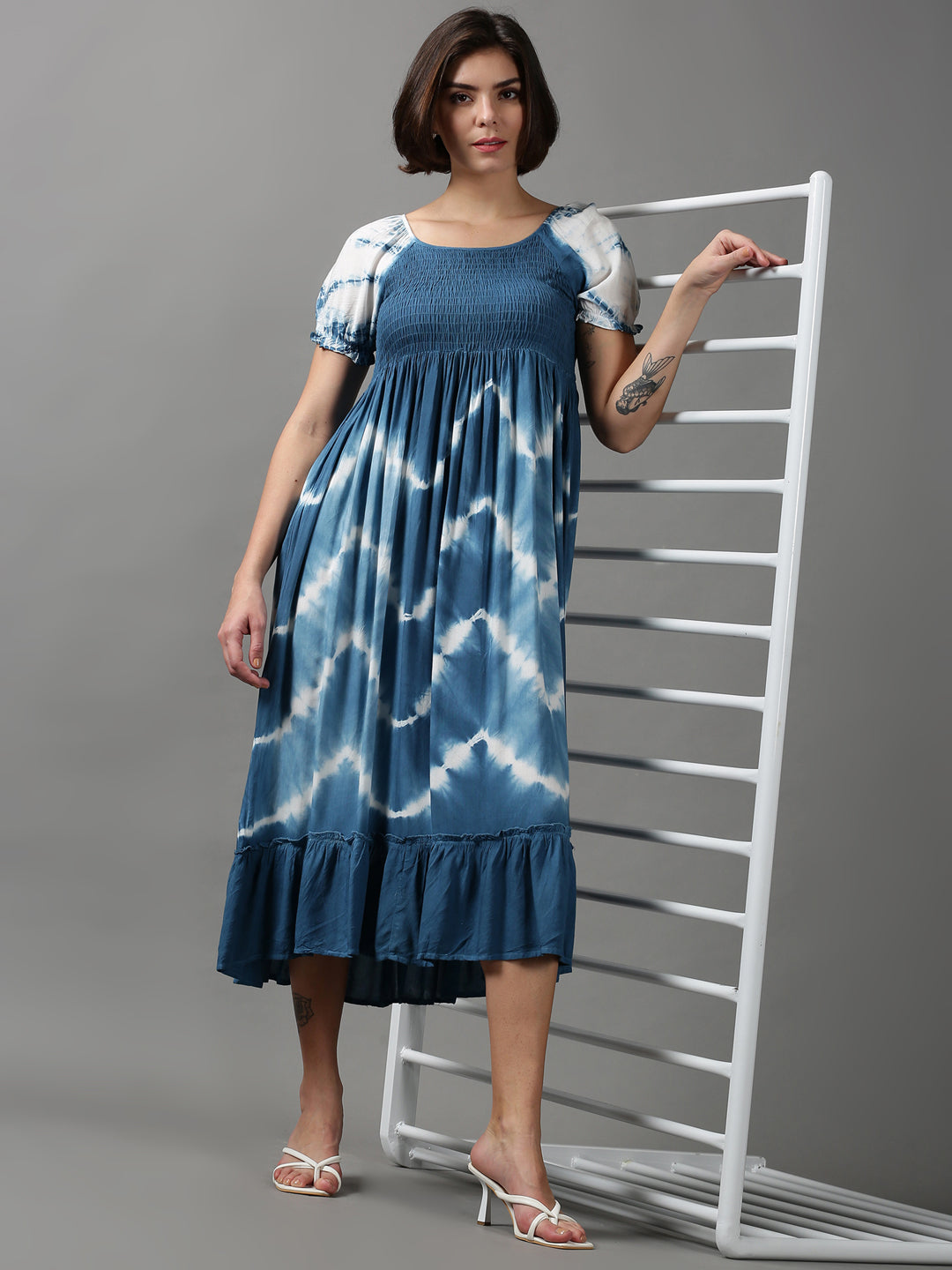 Women's Blue Tie & Dye Smocked Cotton Dress
