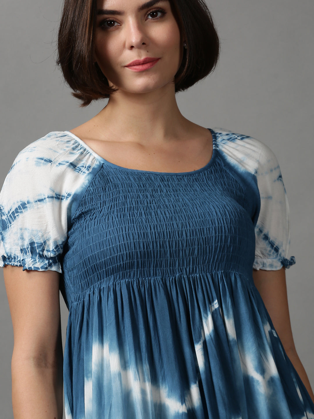 Women's Blue Tie & Dye Smocked Cotton Dress