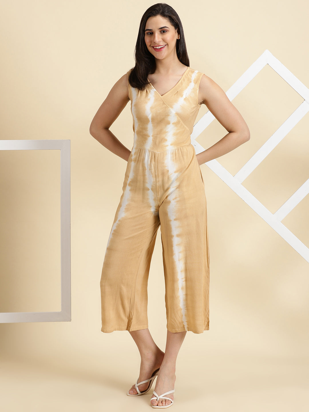 Women's Beige Printed Jumpsuit