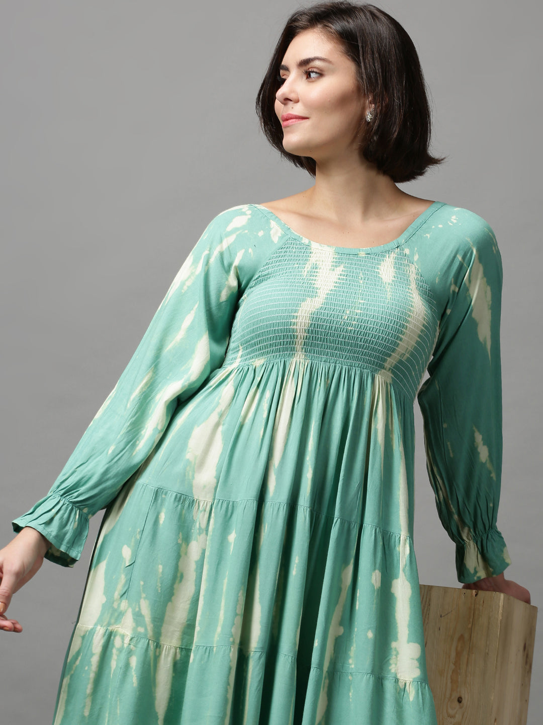 Women's Sea Green Tie Dye Fit and Flare Dress