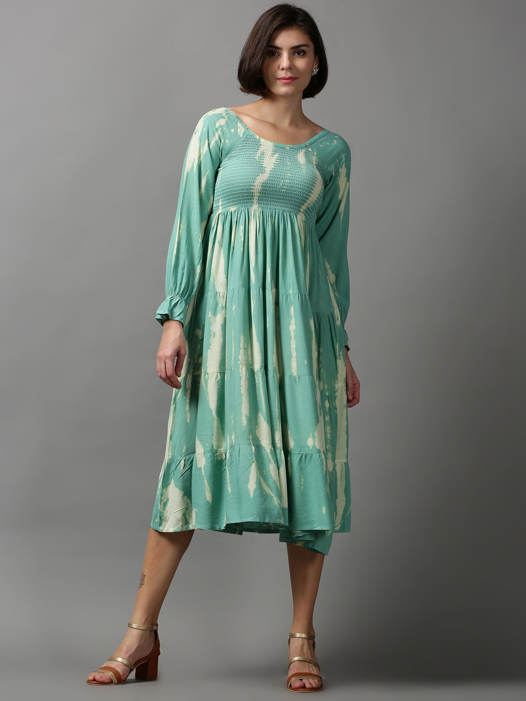 Women's Sea Green Tie Dye Fit and Flare Dress