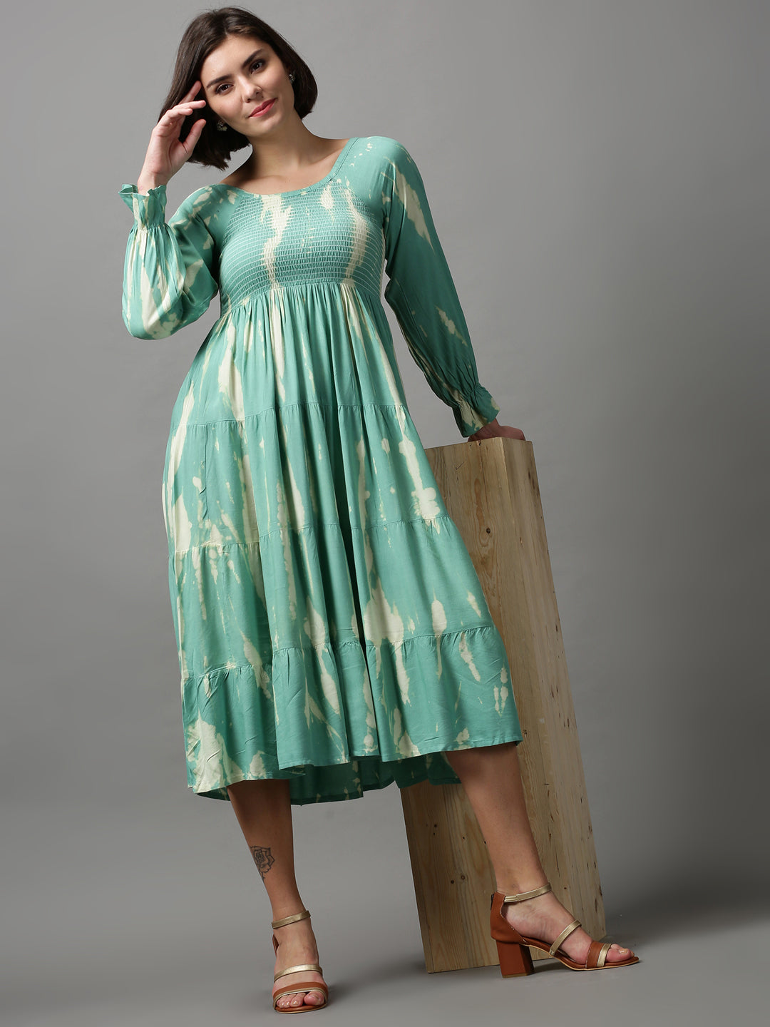 Women's Sea Green Tie Dye Fit and Flare Dress