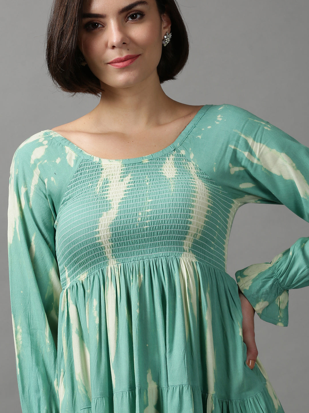 Women's Sea Green Tie Dye Fit and Flare Dress