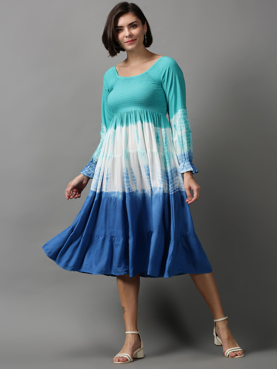 Women's Blue Tie Dye Fit and Flare Dress