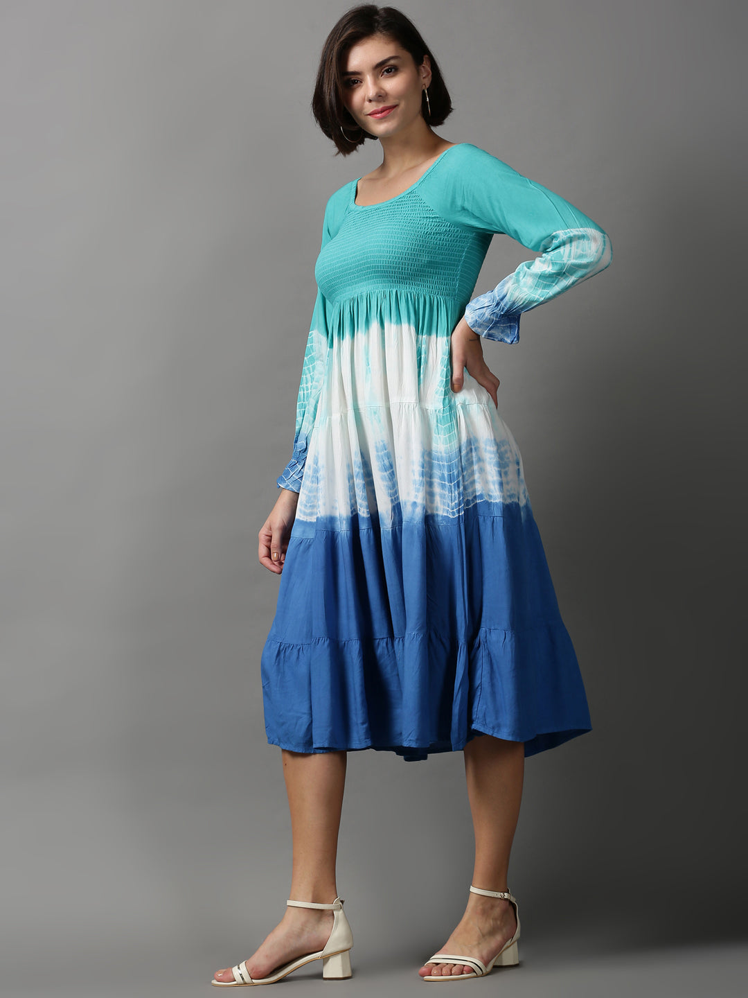 Women's Blue Tie Dye Fit and Flare Dress