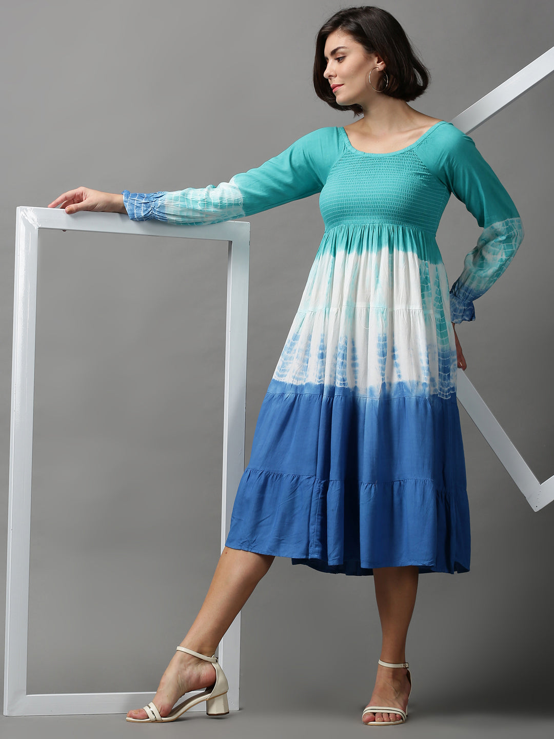 Women's Blue Tie Dye Fit and Flare Dress