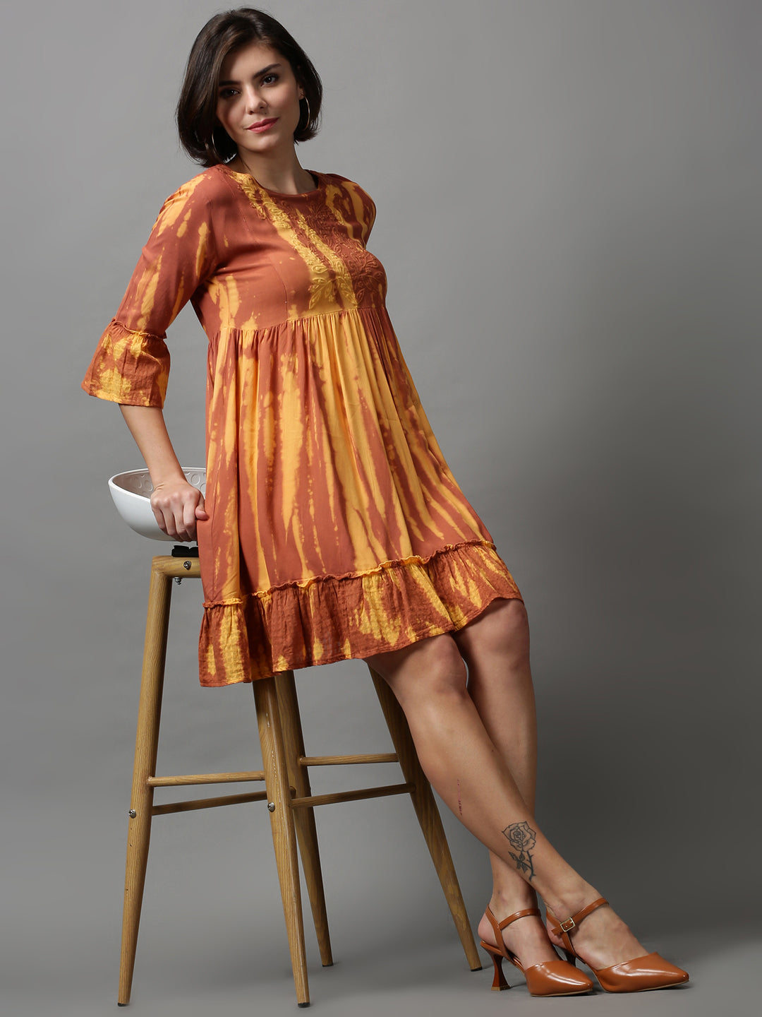 Women's Brown Tie Dye Empire Dress