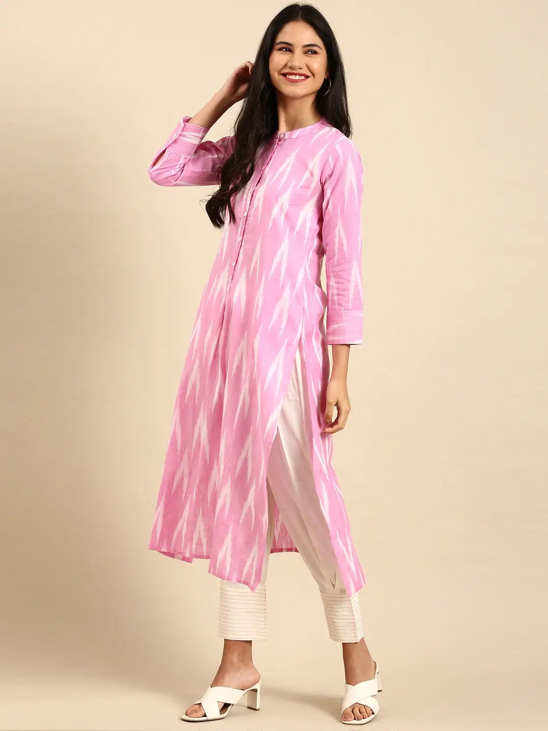 Women's Pink Printed Linen Kurta Set