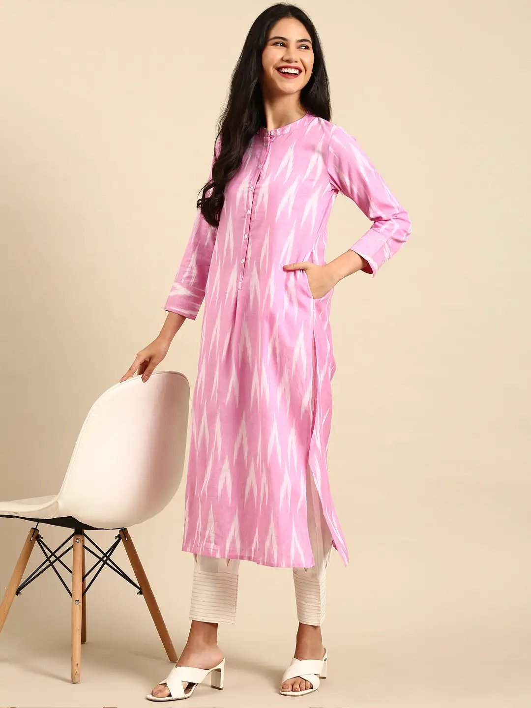 Women's Pink Printed Linen Kurta Set