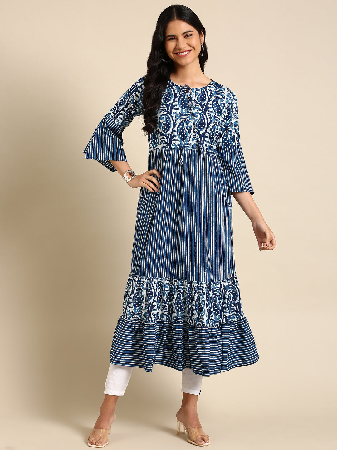 Women's Navy Blue Printed Anarkali Kurta