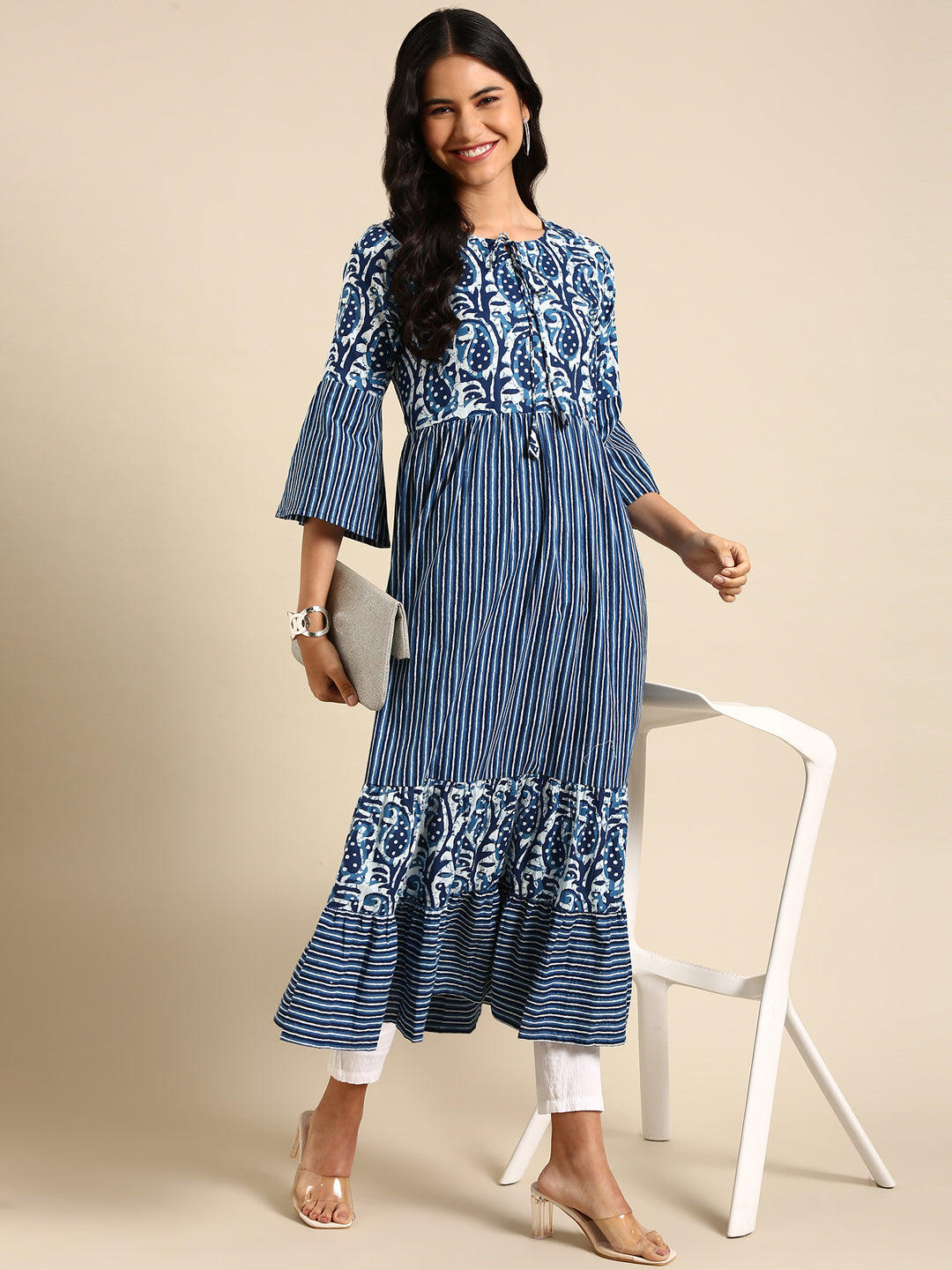 Women's Navy Blue Printed Anarkali Kurta