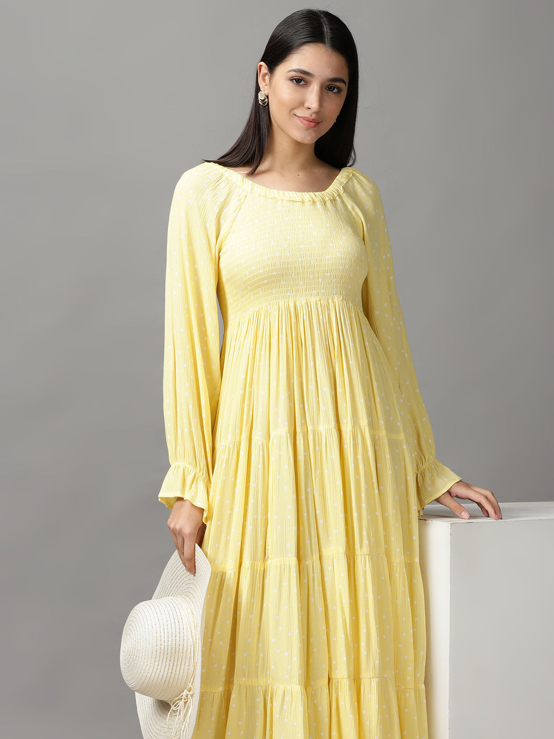 Women's Yellow Polka Dots Fit and Flare Dress