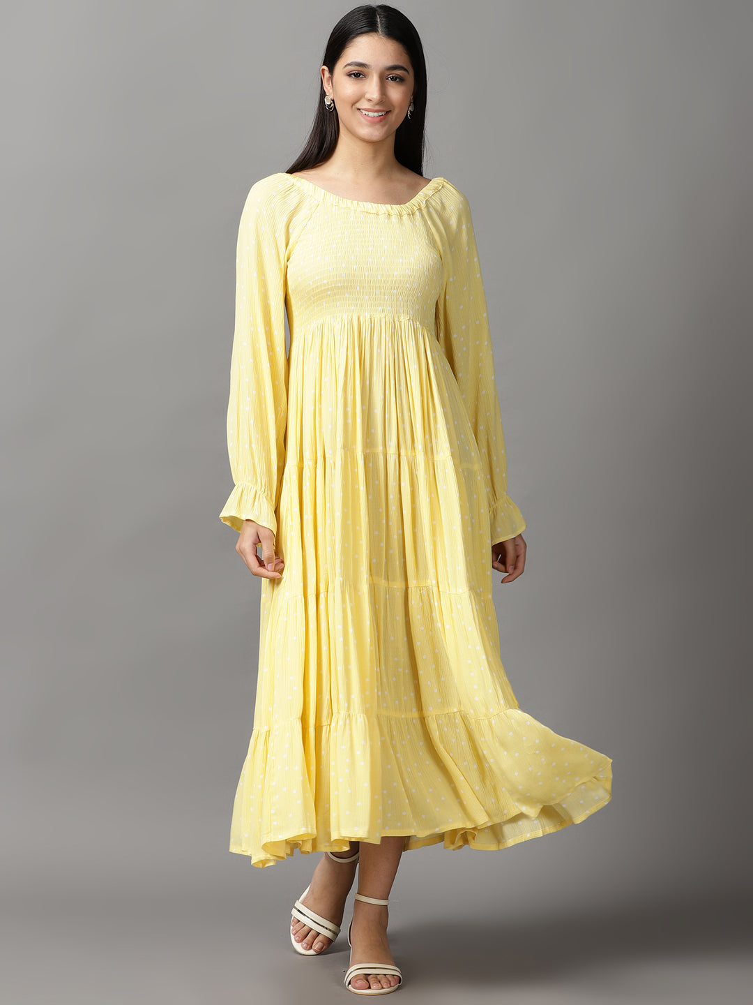 Women's Yellow Polka Dots Fit and Flare Dress