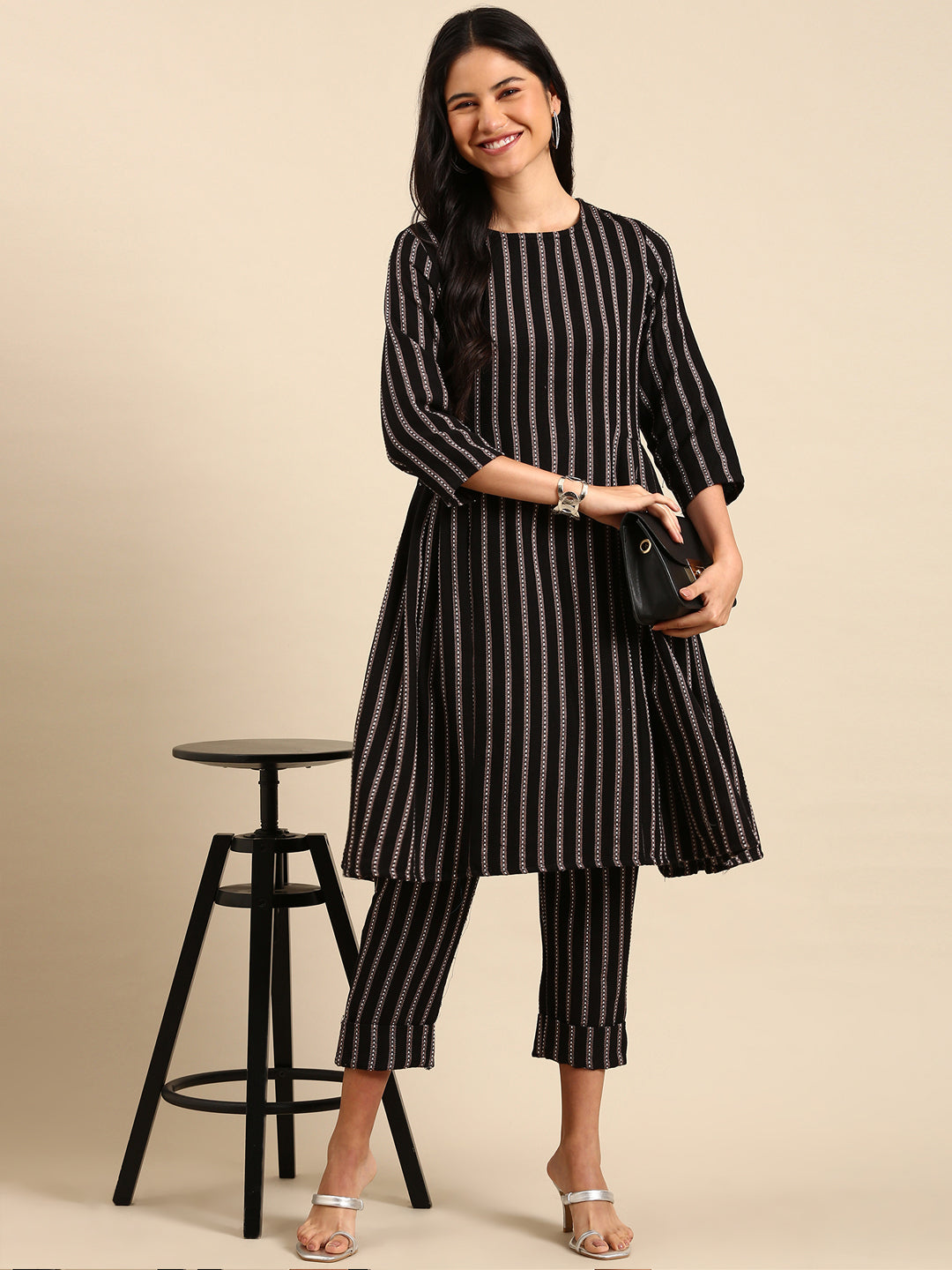 Women's Black Striped Kurta Set