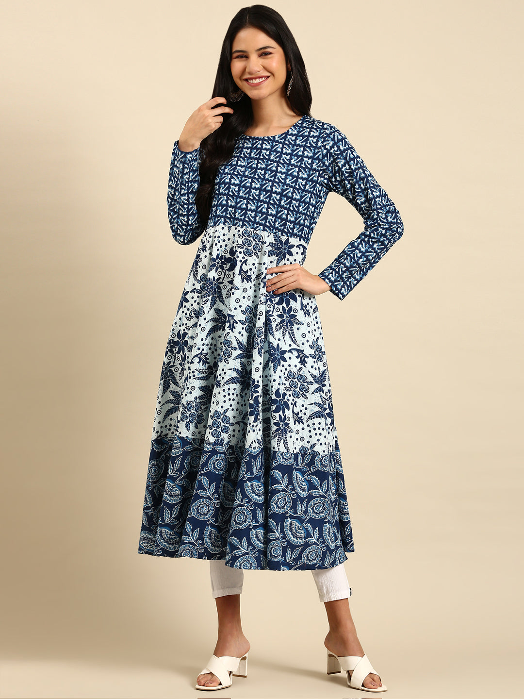 Women's Navy Blue Printed Anarkali Kurta