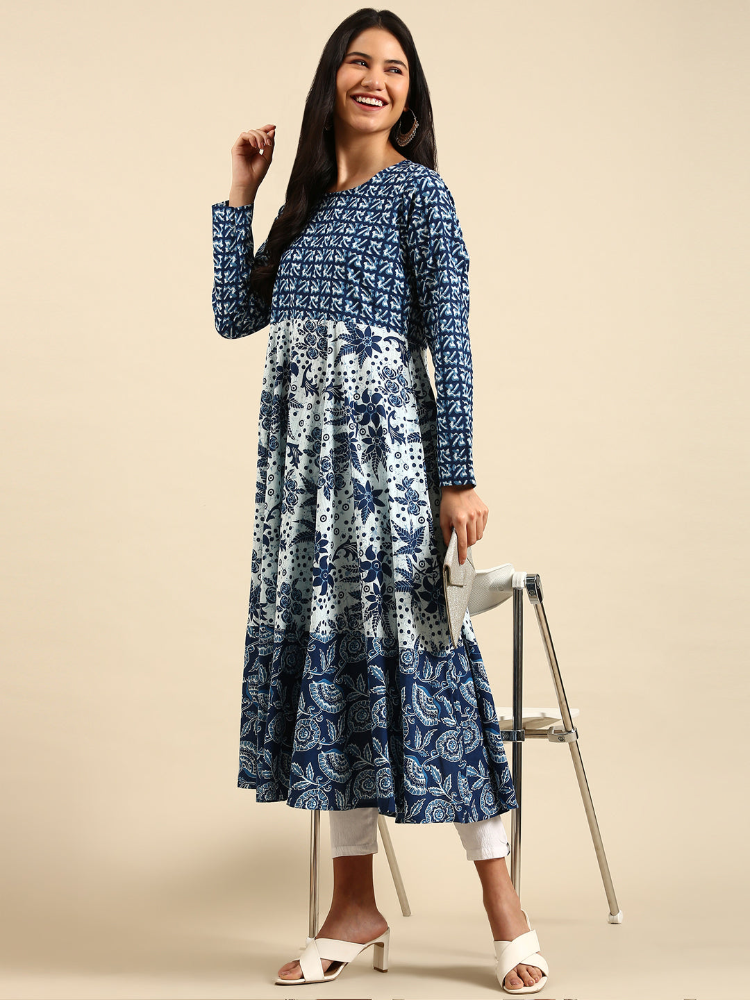 Women's Navy Blue Printed Anarkali Kurta