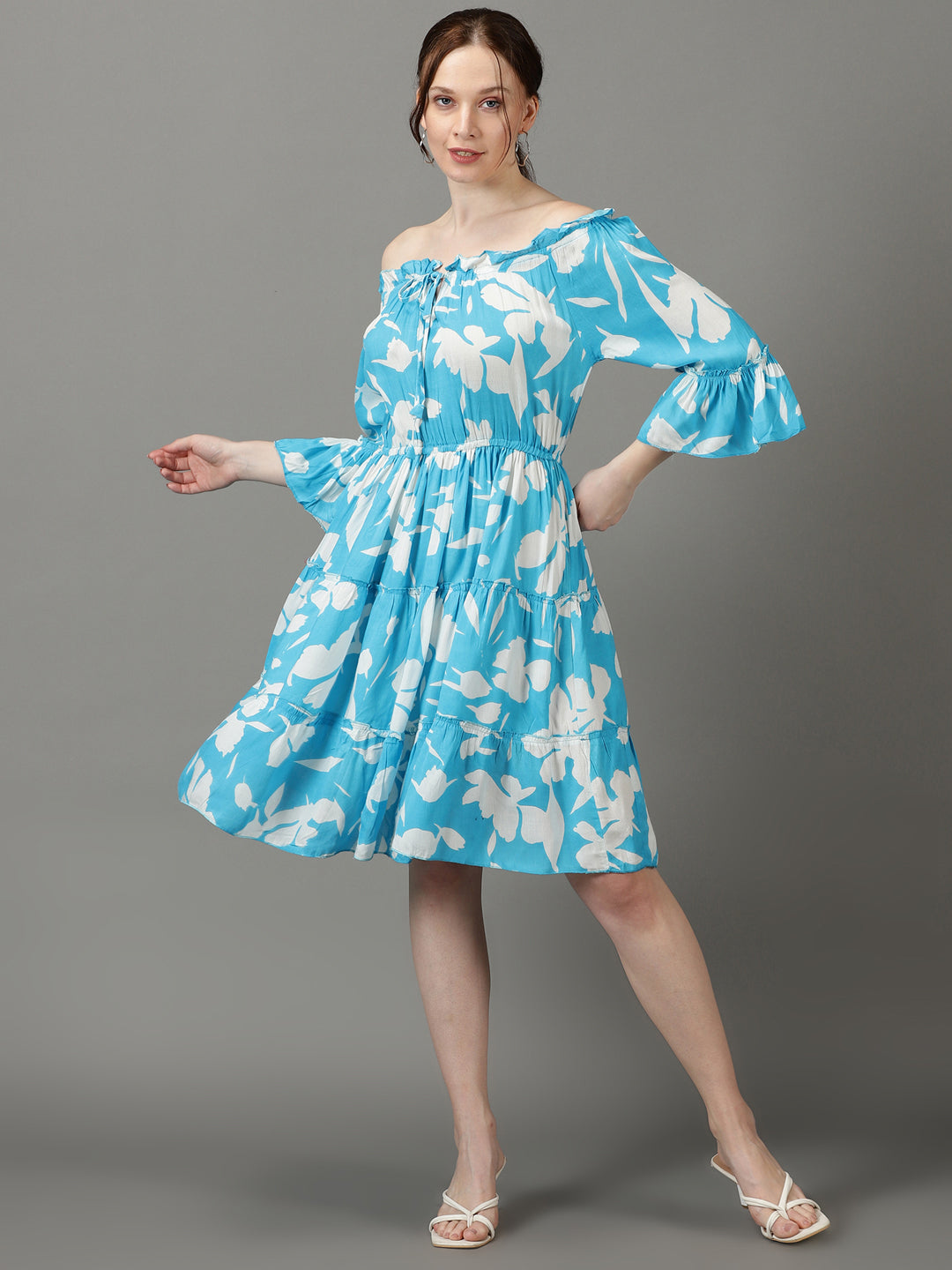 Women's Blue Printed Fit and Flare Dress