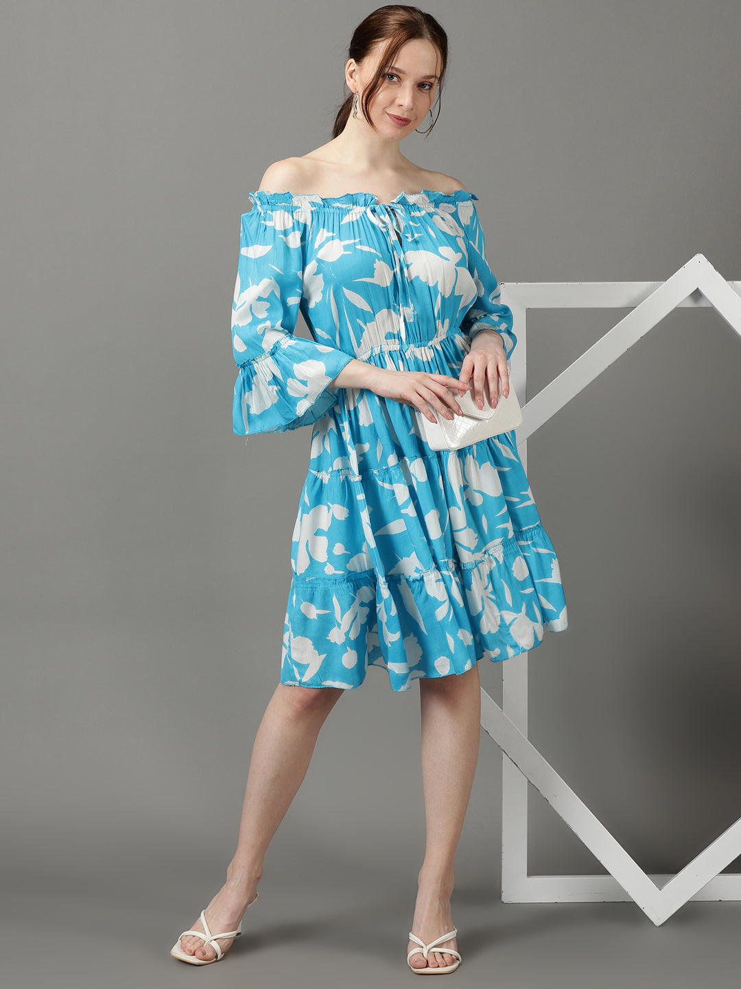 Women's Blue Printed Fit and Flare Dress