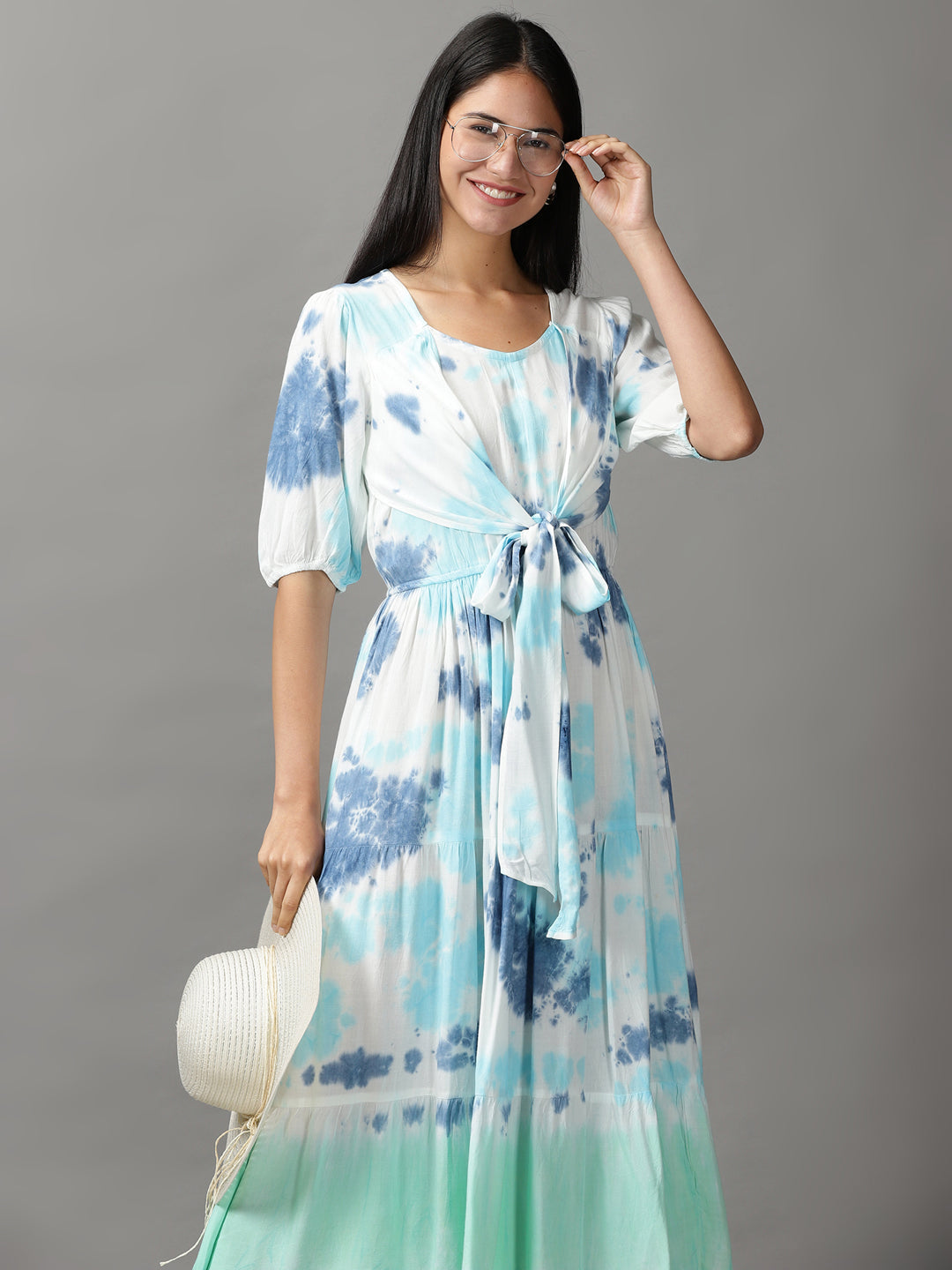 Women's White Tie Dye Fit and Flare Dress