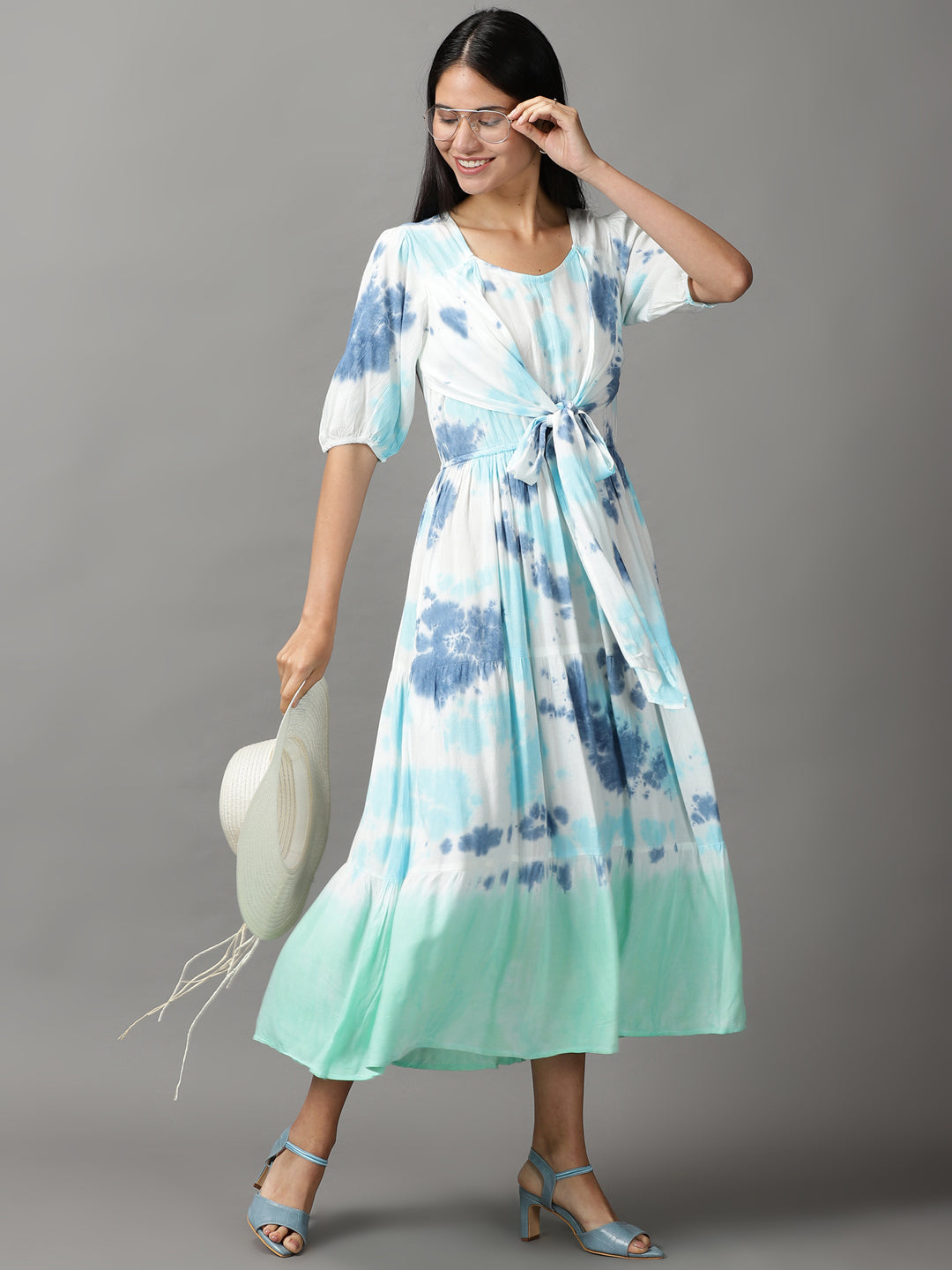 Women's White Tie Dye Fit and Flare Dress