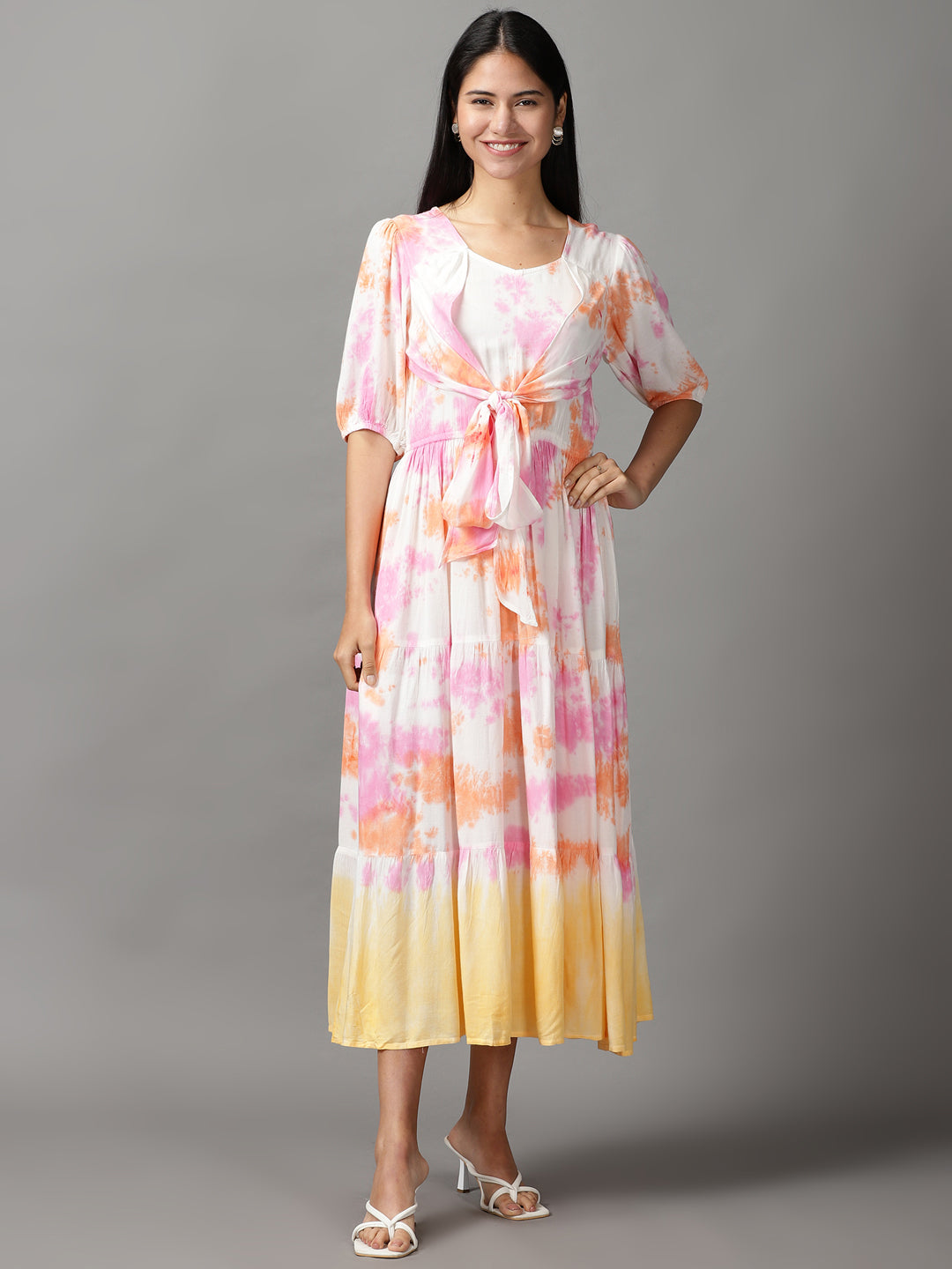 Women's White Tie Dye Fit and Flare Dress