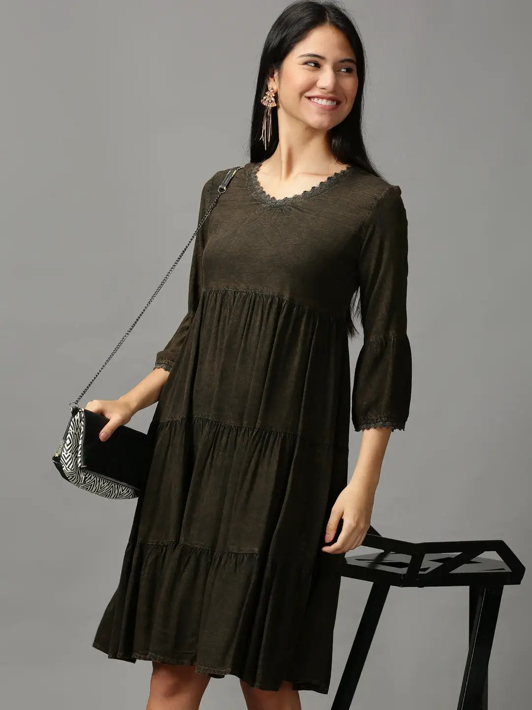 Women's Coffee Brown Solid Fit and Flare Dress