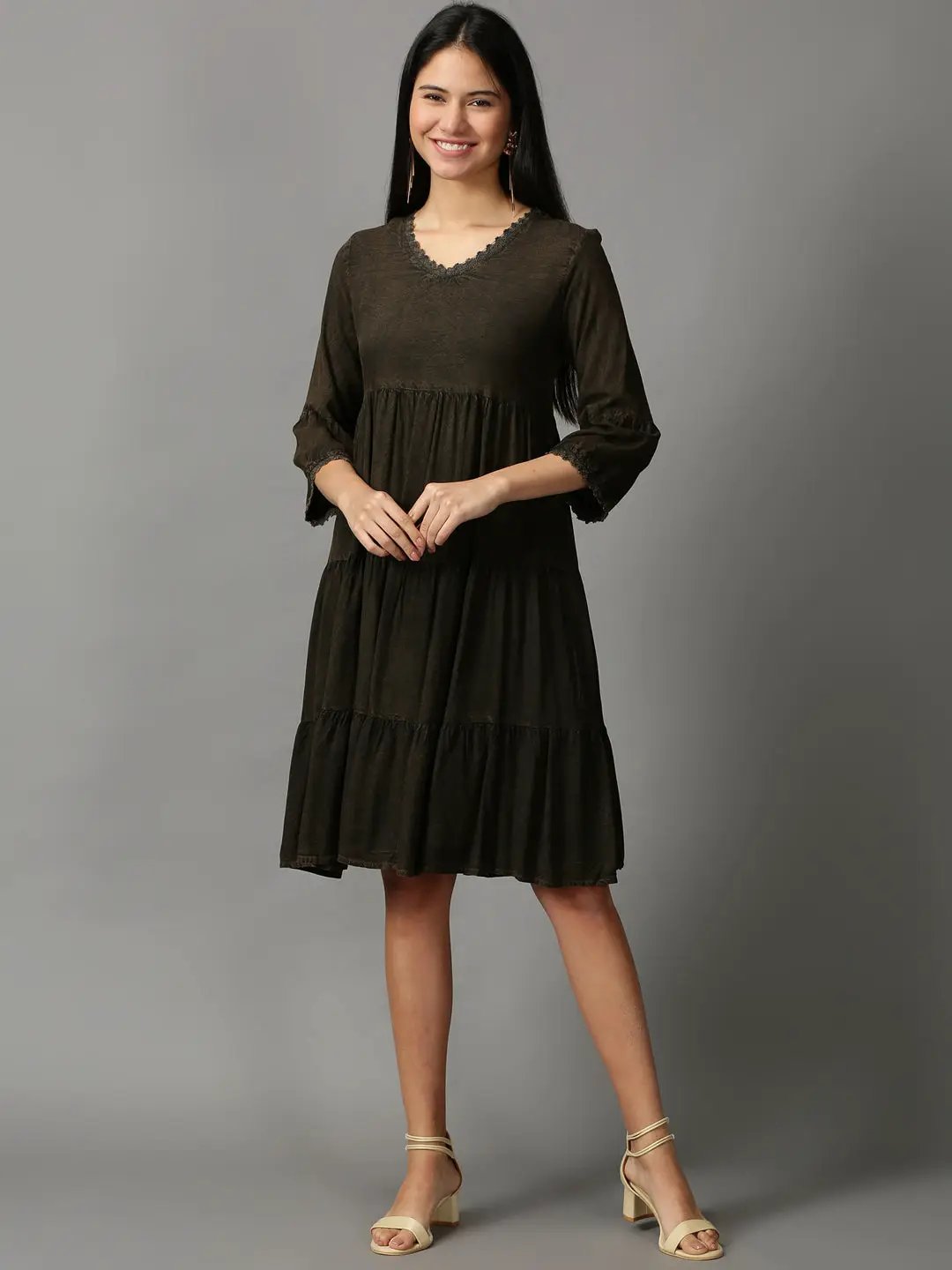 Women's Coffee Brown Solid Fit and Flare Dress
