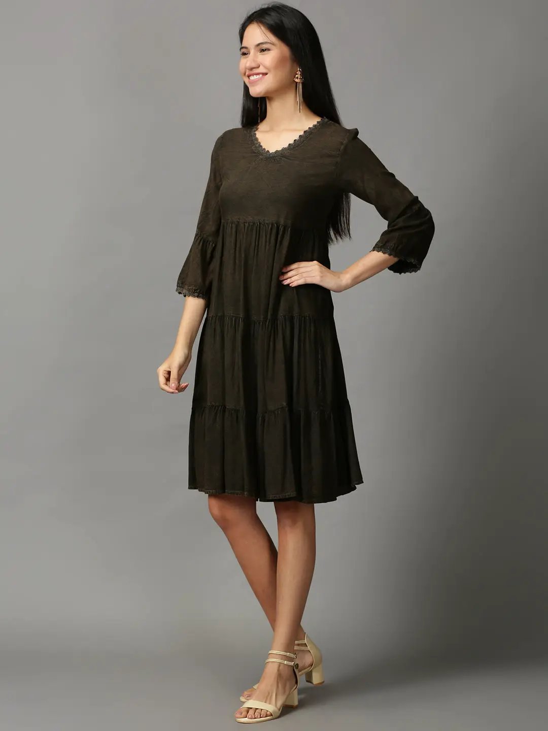 Women's Coffee Brown Solid Fit and Flare Dress