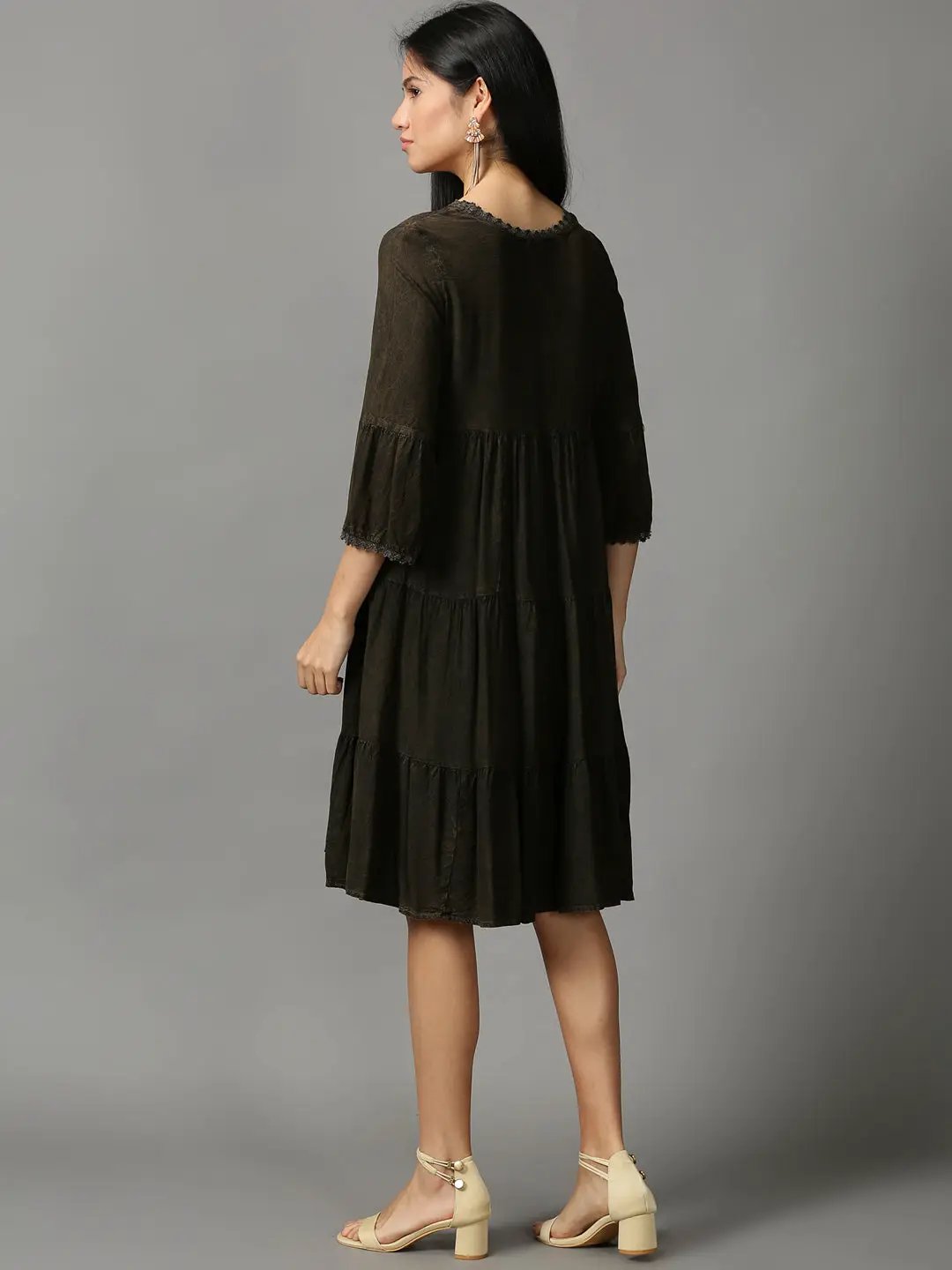 Women's Coffee Brown Solid Fit and Flare Dress