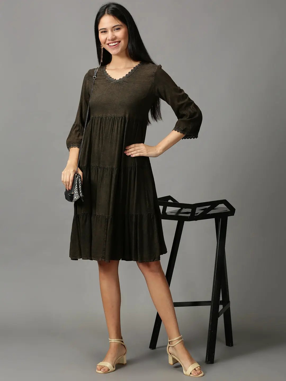 Women's Coffee Brown Solid Fit and Flare Dress