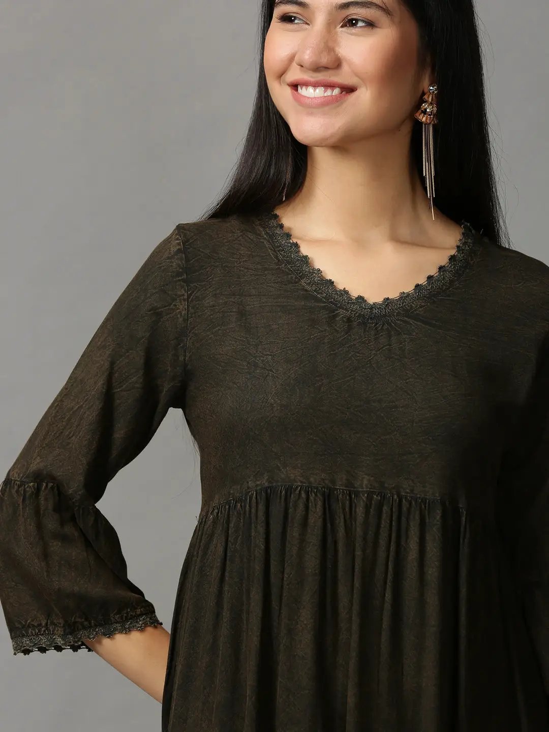 Women's Coffee Brown Solid Fit and Flare Dress