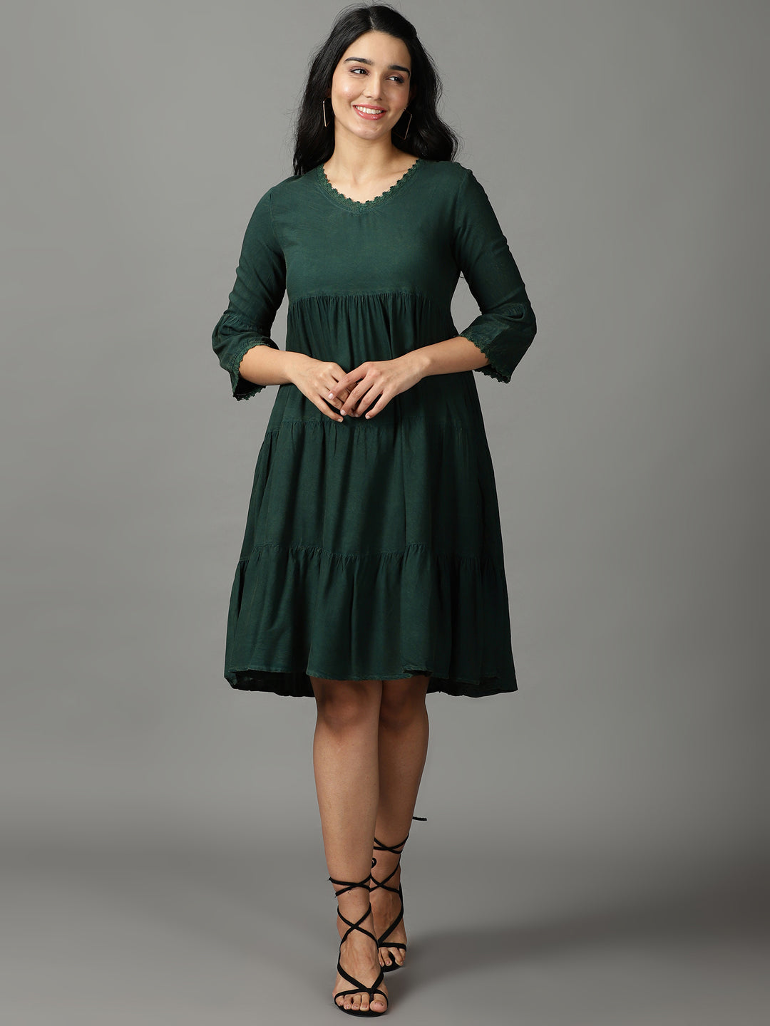 Women's Olive Solid Empire Dress