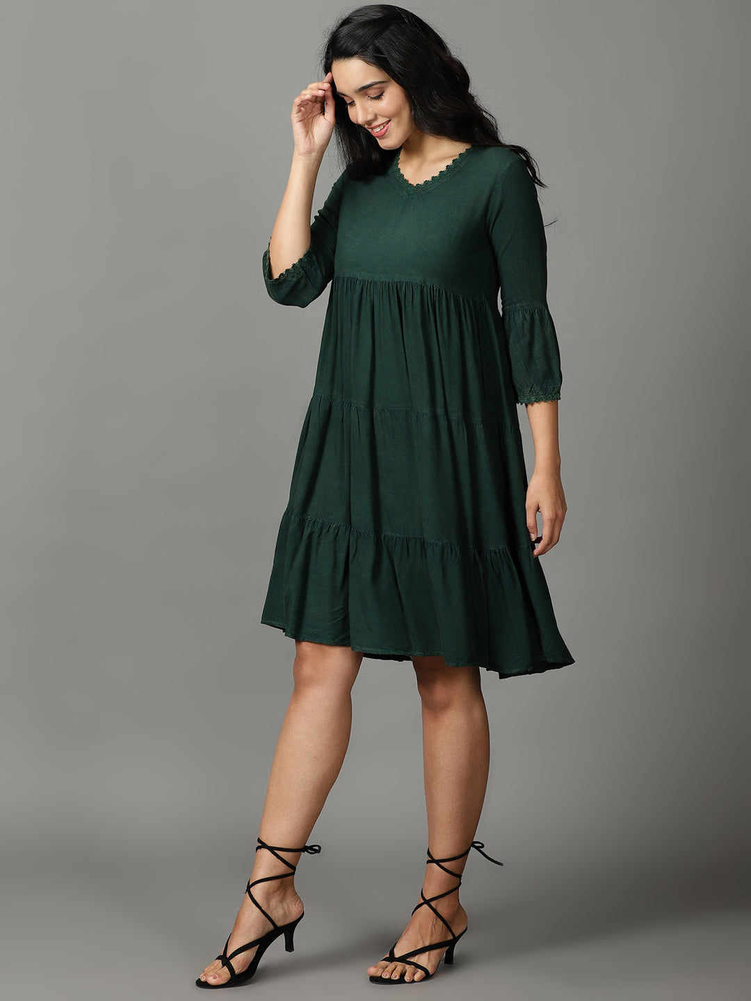 Women's Olive Solid Empire Dress